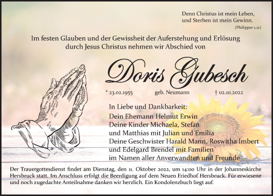 Traueranzeige von Doris Gubesch von Hersbrucker Zeitung Lokal