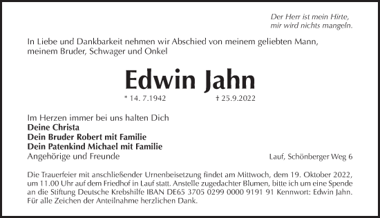 Traueranzeige von Edwin Jahn von Pegnitz-Zeitung