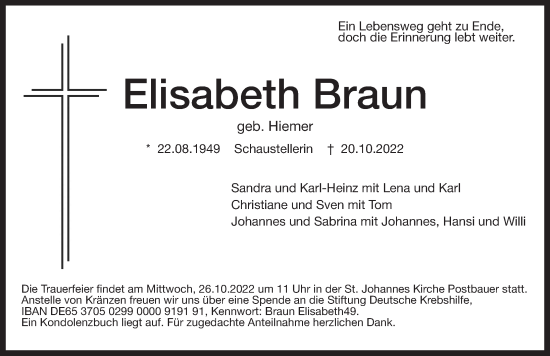 Traueranzeige von Elisabeth Braun von Der Bote