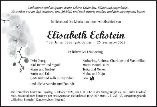 Traueranzeige von Elisabeth Eckstein von Pegnitz-Zeitung