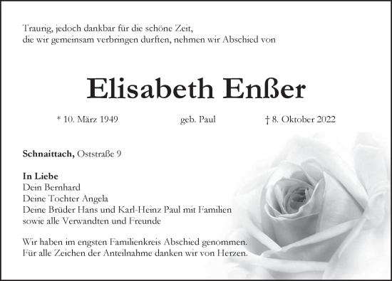Traueranzeige von Elisabeth Enßer von Pegnitz-Zeitung