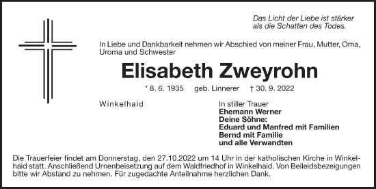 Traueranzeige von Elisabeth Zweyrohn von Der Bote