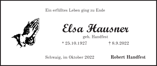 Traueranzeige von Elsa Hausner von Pegnitz-Zeitung