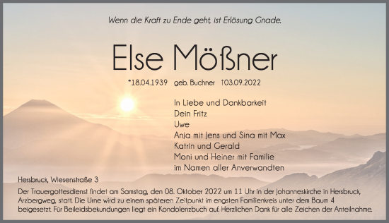 Traueranzeige von Else Mößner von Hersbrucker Zeitung Lokal