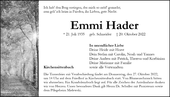 Traueranzeige von Emma Harder von Hersbrucker Zeitung Lokal