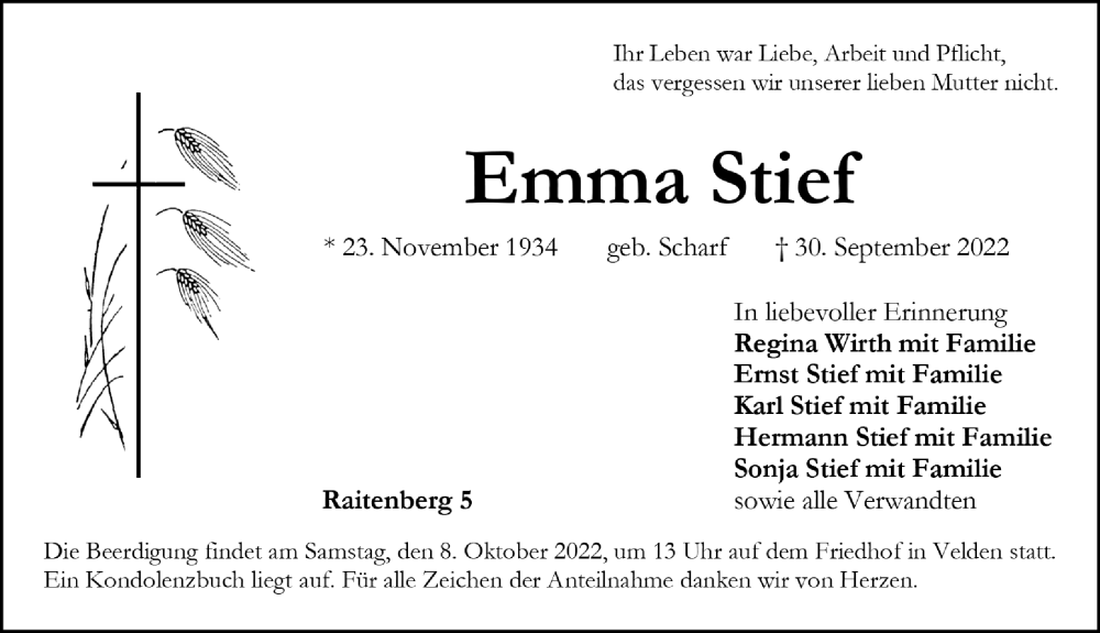  Traueranzeige für Emma Stief vom 05.10.2022 aus Hersbrucker Zeitung Lokal