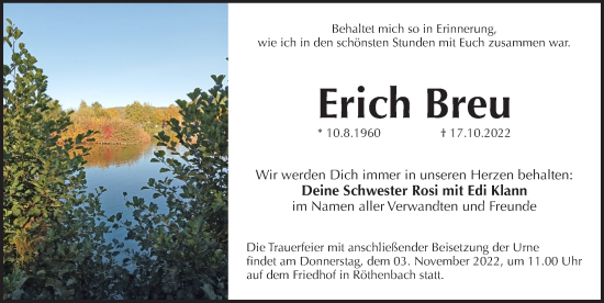 Traueranzeige von Erich Breu von Pegnitz-Zeitung