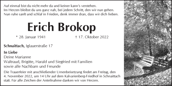 Traueranzeige von Erich Brokop von Pegnitz-Zeitung