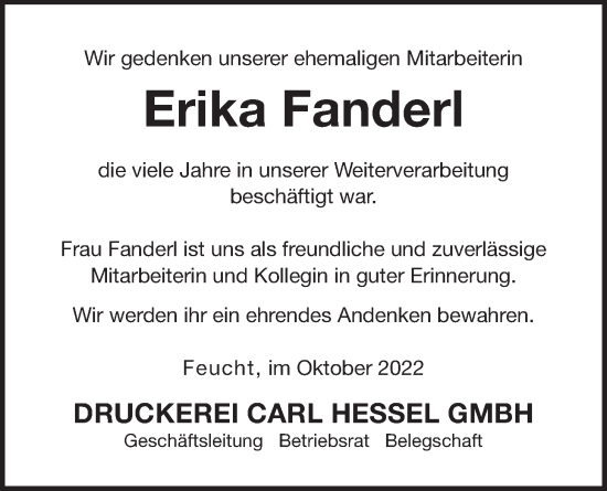 Traueranzeige von Erika Fanderl von Der Bote