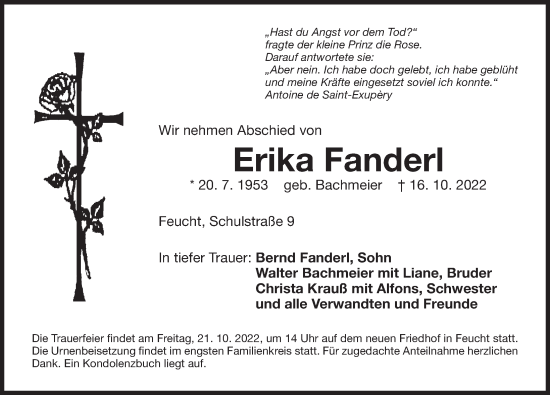 Traueranzeige von Erika Fanderl von Der Bote