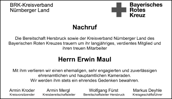 Traueranzeige von Erwin Maul von Hersbrucker Zeitung Lokal