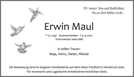 Traueranzeige von Erwin Maul von Hersbrucker Zeitung Lokal