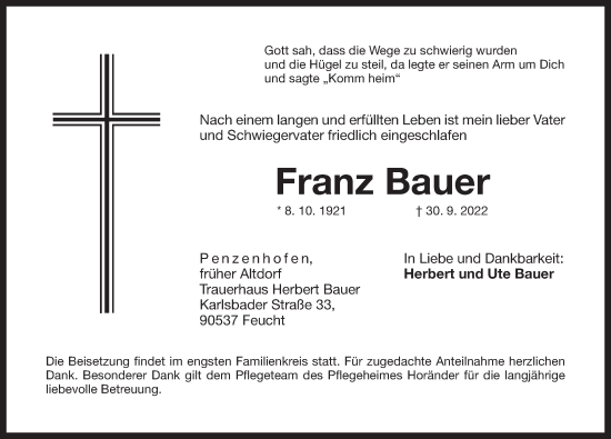 Traueranzeige von Franz Bauer von Der Bote