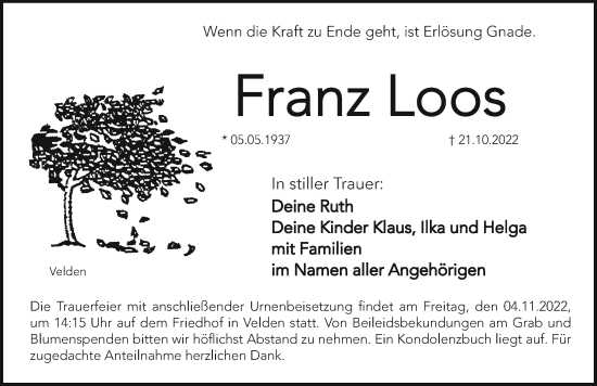 Traueranzeige von Franz Loos von Hersbrucker Zeitung Lokal