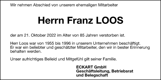 Traueranzeige von Franz Loos von Hersbrucker Zeitung Lokal