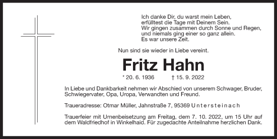 Traueranzeige von Fritz Hahn von Der Bote