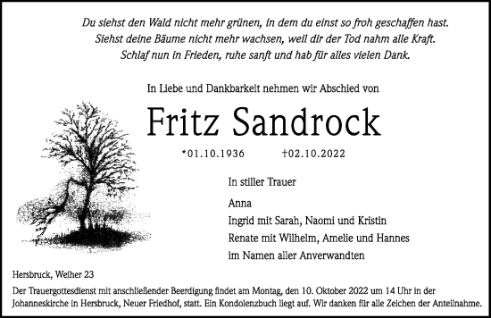 Traueranzeige von Fritz Sandrock von Hersbrucker Zeitung Lokal
