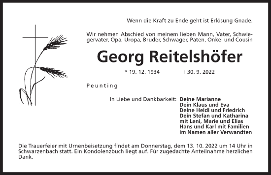 Traueranzeige von Georg Reitelshöfer von Der Bote