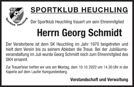 Traueranzeige von Georg Schmidt von Pegnitz-Zeitung
