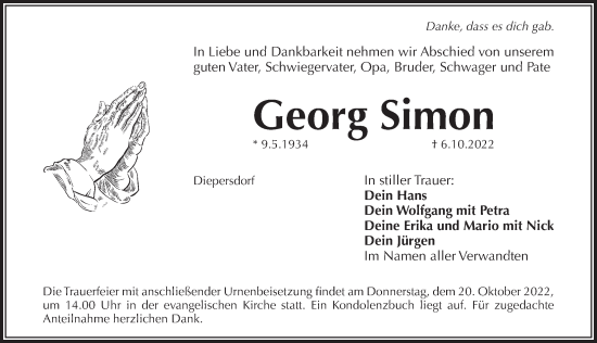 Traueranzeige von Georg Simon von Pegnitz-Zeitung