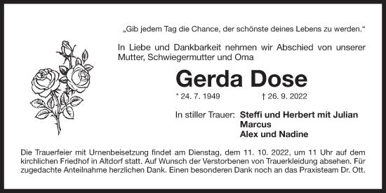 Traueranzeige von Gerda Dose von Der Bote