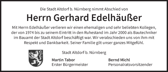 Traueranzeige von Gerhard Edelhäußer von Der Bote