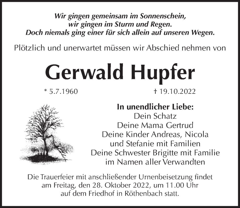  Traueranzeige für Gerwald Hupfer vom 26.10.2022 aus Pegnitz-Zeitung