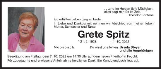 Traueranzeige von Grete Spitz von Der Bote