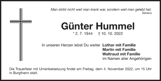 Traueranzeige von Günter Hummel von Der Bote