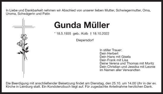 Traueranzeige von Gunda Müller von Pegnitz-Zeitung