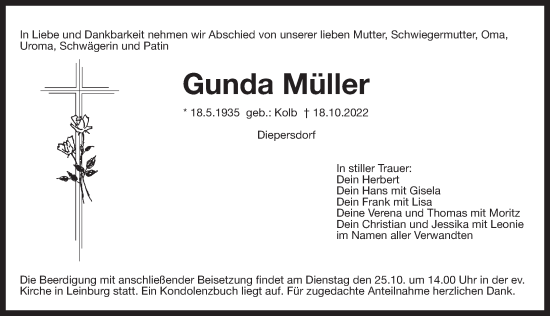 Traueranzeige von Gunda Müller von Der Bote