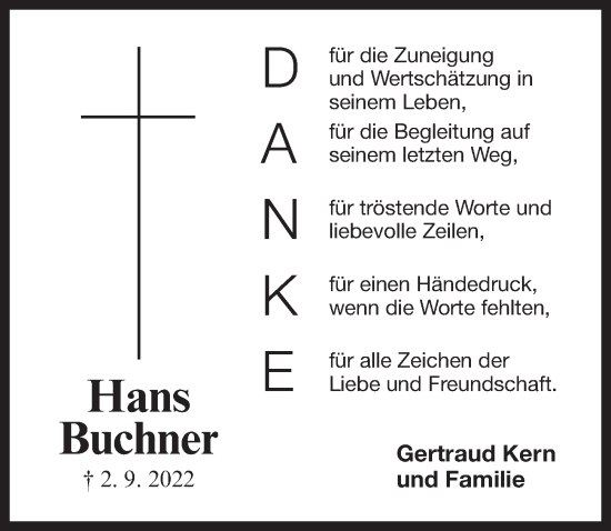 Traueranzeige von Hans Buchner von Der Bote