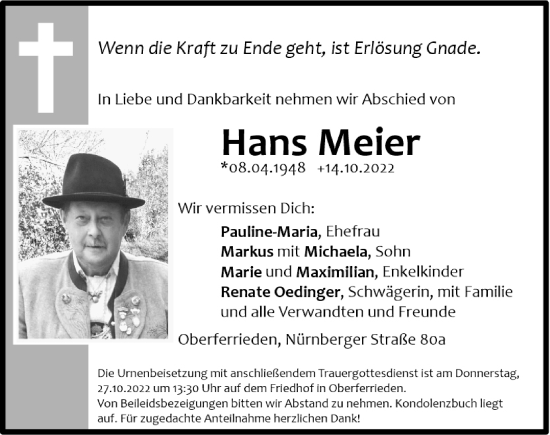 Traueranzeige von Hans Meier von Der Bote