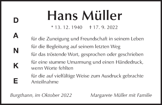 Traueranzeige von Hans Müller von N-Land