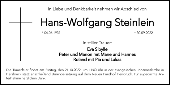 Traueranzeige von Hans-Wolfgang Steinlein von Hersbrucker Zeitung Lokal