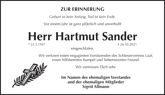 Traueranzeige von Hartmut Sander von Pegnitz-Zeitung
