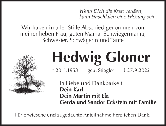 Traueranzeige von Hedwig Gloner von Pegnitz-Zeitung