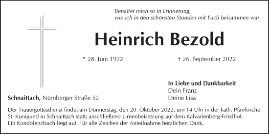 Traueranzeige von Heinrich Bezold von Pegnitz-Zeitung