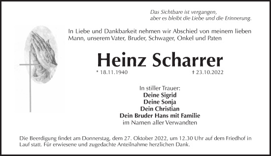 Traueranzeige von Heinz Scharrer von Pegnitz-Zeitung