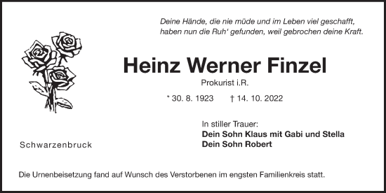 Traueranzeige von Heinz Werner Finzel von Der Bote