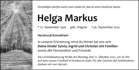 Traueranzeige von Helga Markus von Hersbrucker Zeitung Lokal