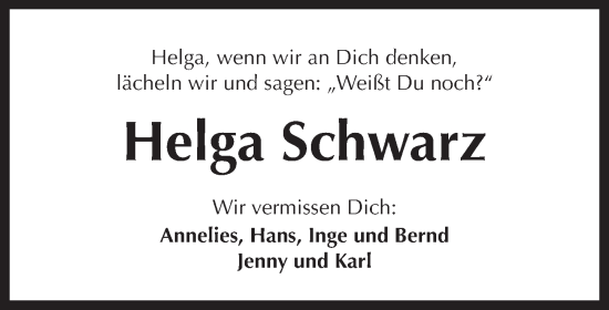Traueranzeige von Helga Schwarz von Der Bote