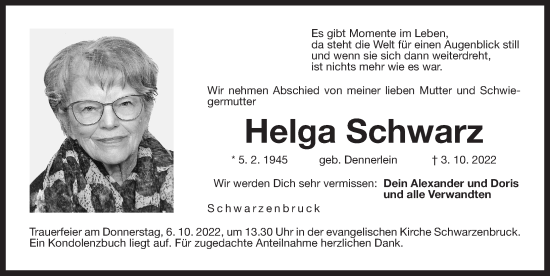 Traueranzeige von Helga Schwarz von Der Bote
