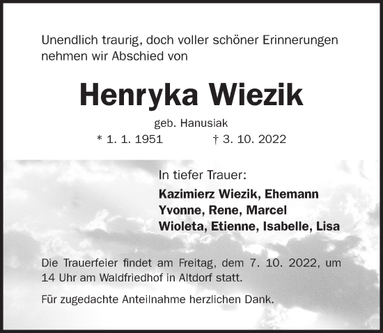 Traueranzeige von Henryka Wiezik von Der Bote