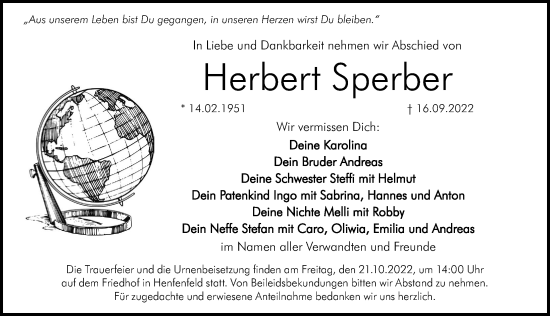 Traueranzeige von Herbert Sperber von Hersbrucker Zeitung Lokal