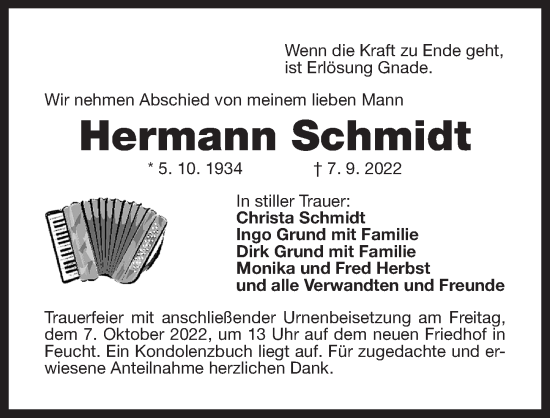 Traueranzeige von Hermann Schmidt von Der Bote