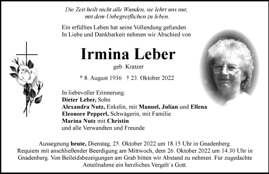 Traueranzeige von Irmina Leber von Der Bote