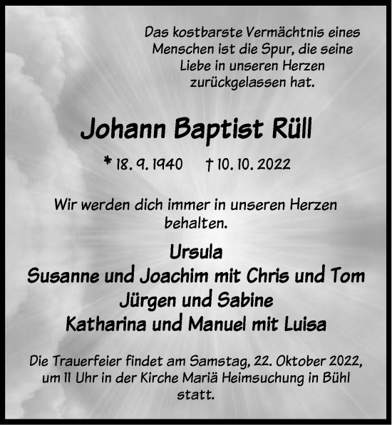 Traueranzeige von Johann Baptist Rüll von Pegnitz-Zeitung