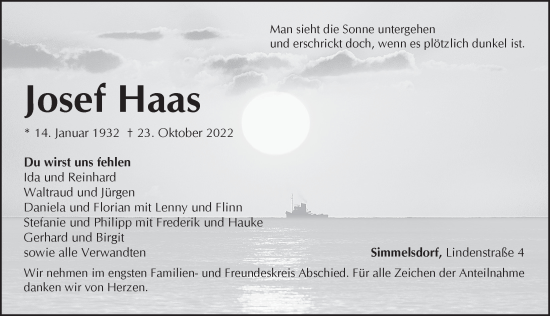 Traueranzeige von Josef Haas von Pegnitz-Zeitung