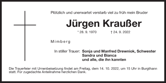Traueranzeige von Jürgen Kraußer von Der Bote